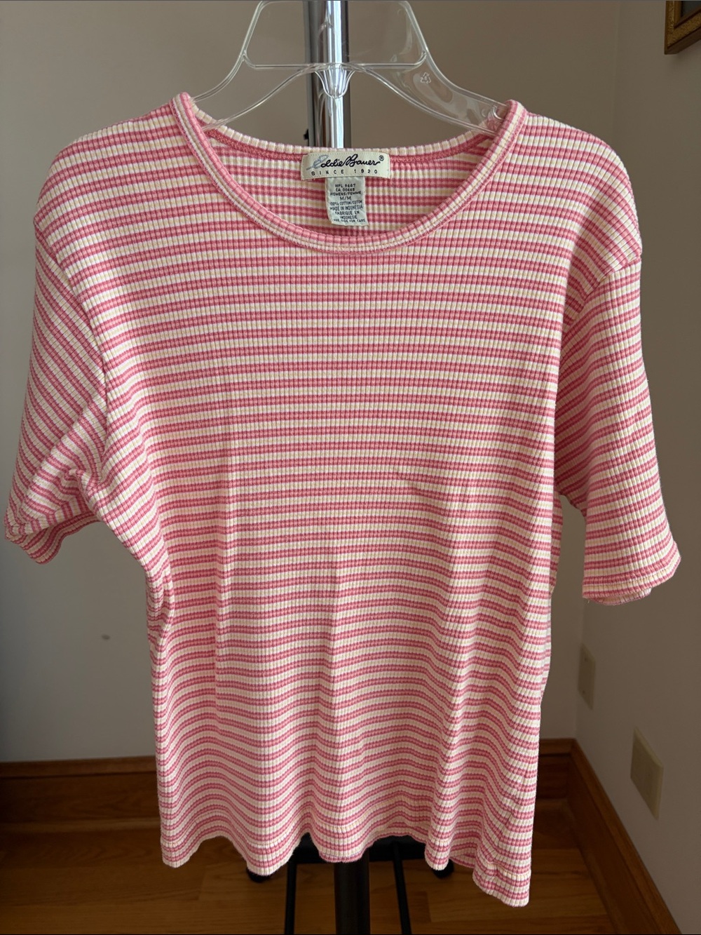 Eddie Bauer Pink & White Striped Short Sleeve Ribbed Tee